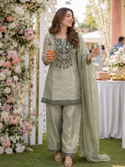 BERRYLICIOUS - Women Green Tissue Embroidered Kurta with Pant and Dupatta
