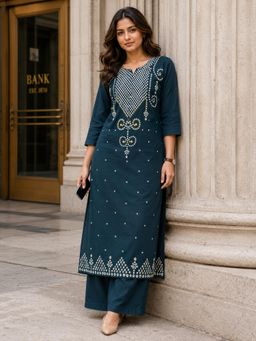 BERRYLICIOUS - Women Teal Cotton Bandhani Printed Mirror Kurta with Palazzo