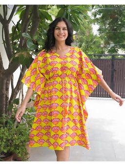Phutari - Yellow Seashells Hand Block Printed Cotton Midi Kaftan