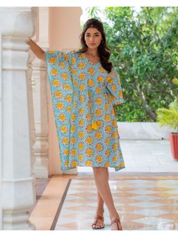 Phutari - Blue Sunburn Hand Block Printed Cotton Midi Kaftan