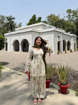 THE52 - Printed White Cameric Cotton Straight Kurta with Salwar and Dupatta Set