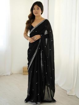 FLOSIVE - Black Embroidered Organza Blend Saree