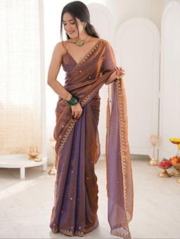 FLOSIVE - Dusky Purple Embroidered Organza Blend Saree