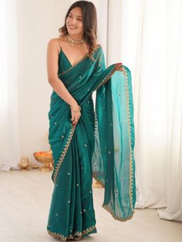 FLOSIVE - Teal Green Embroidered Organza Blend Saree