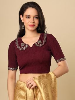SALWAR STUDIO - Maroon Everyday Textured Thread Work Non Padded Stretchable Blouse