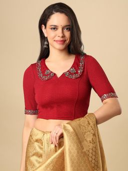 SALWAR STUDIO - Red Soft Textured Thread Work Non Padded Stretchable Blouse