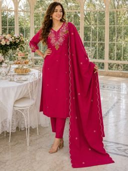 BERRYLICIOUS - Women Pink Cotton Embroidered Kurta with Pant and Dupatta