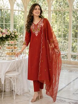 BERRYLICIOUS - Women Rust Cotton Embroidered Kurta with Pant and Dupatta