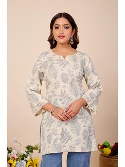 DISHWA FASHION - Women Off White Floral Printed Pure Cotton Kurti