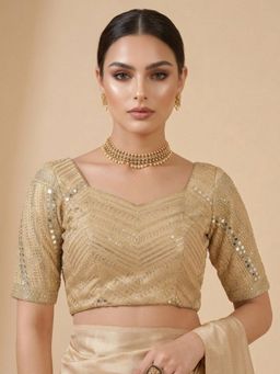 SALWAR STUDIO - Gold Premium Mirror Work Embellished Sweetheart Neck Padded Blouse