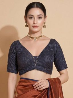 SALWAR STUDIO - Navy Blue Classic Printed V-Neck Padded Blouse
