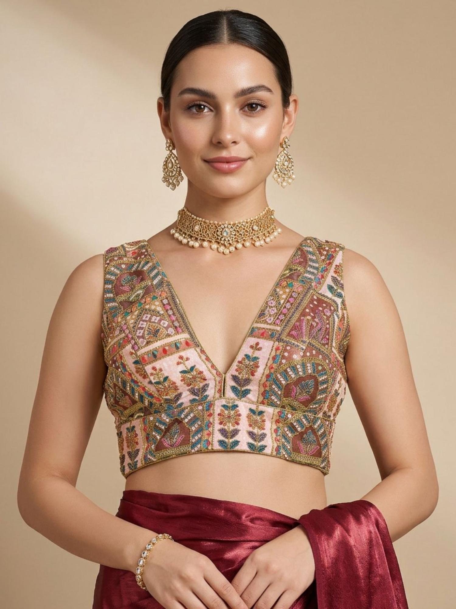 salwar studio Brown Stylish Embroidered V-Neck Sleeveless Padded Blouse-picture-11
