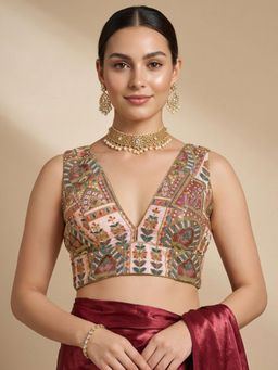 SALWAR STUDIO - Brown Stylish Embroidered V-Neck Sleeveless Padded Blouse