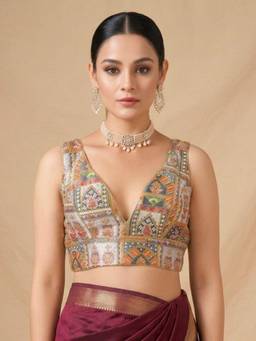 SALWAR STUDIO - Grey Modern Embroidered V-Neck Sleeveless Padded Blouse