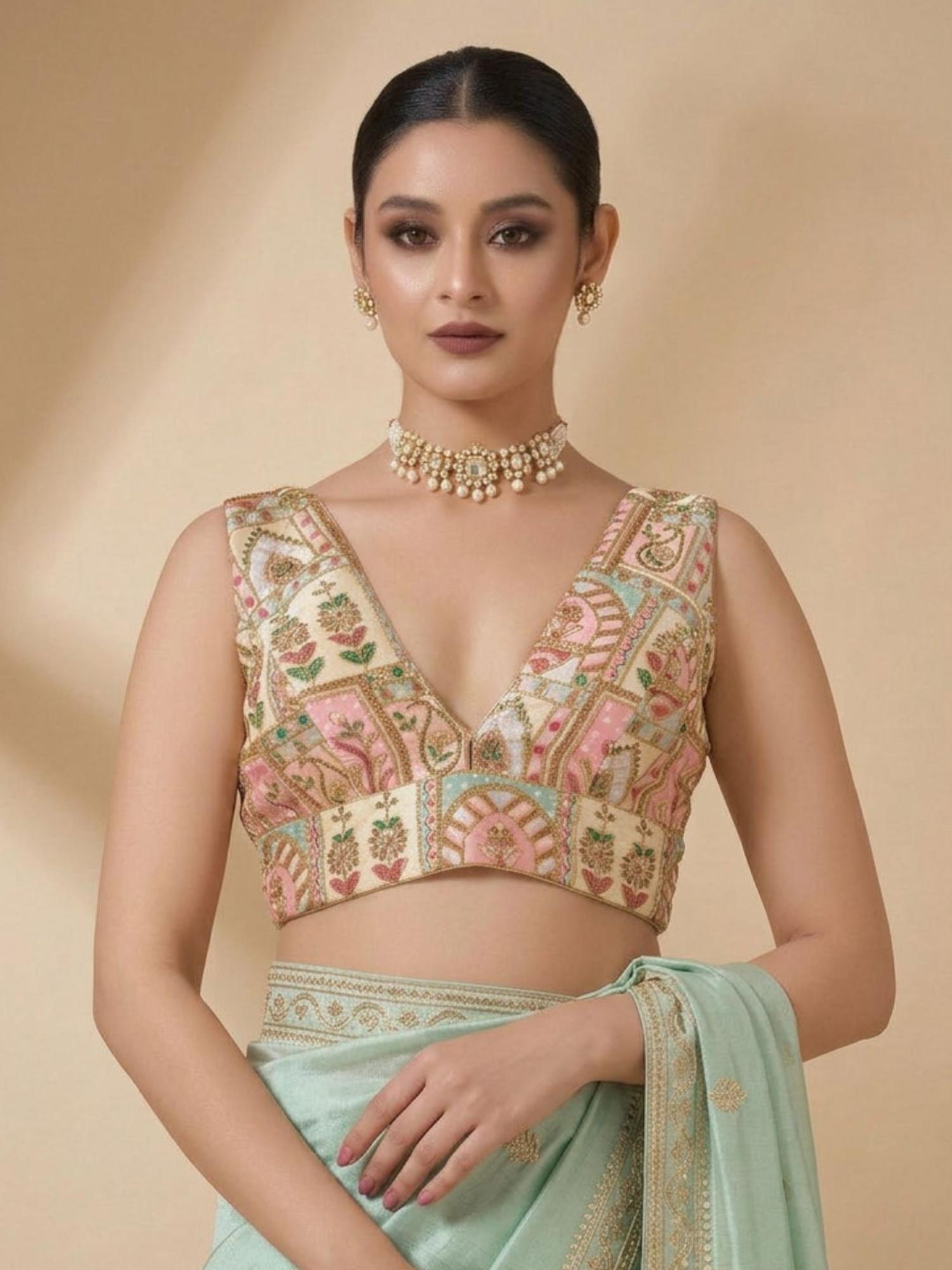 salwar studio Off White Versatile Embroidered V-Neck Sleeveless Padded Blouse-picture-10
