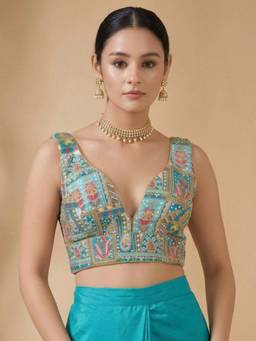 SALWAR STUDIO - Blue Elegant Embroidered V-Neck Sleeveless Padded Blouse
