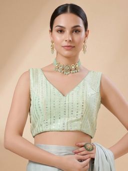 SALWAR STUDIO - Green Essential Embroidered V-Neck Sleeveless Padded Blouse