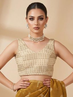 SALWAR STUDIO - Gold Quality Embroidered V-Neck Sleeveless Padded Blouse
