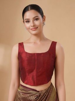 SALWAR STUDIO - Maroon Minimal Silk Sleeveless Solid Padded Corset Blouse