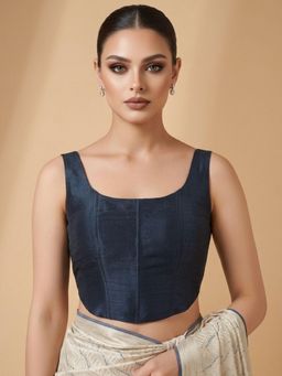 SALWAR STUDIO - Navy Blue Durable Silk Sleeveless Solid Padded Corset Blouse