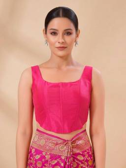 SALWAR STUDIO - Pink Premium Silk Sleeveless Solid Padded Corset Blouse