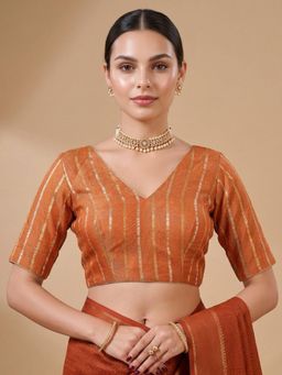 SALWAR STUDIO - Orange Quality Printed Brocade V- Neck Padded Blouse