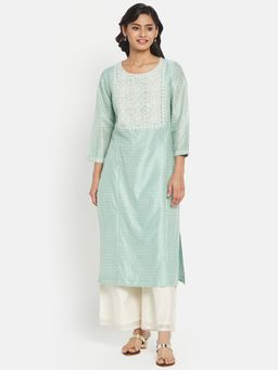 Fabindia - Green Cotton Silk Embroidered Long Kurta