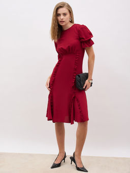 Styli - Women Solid Round Neck A-Line Dress