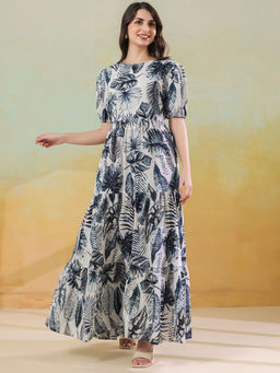 SAY - Blue Round Neck Cotton A-Line Printed Dress