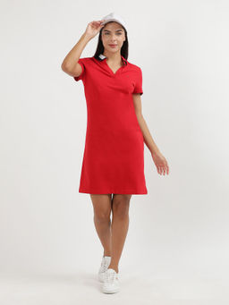Tommy Hilfiger - Red Solid Collar Neck Mini Dress