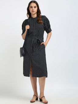 Tommy Hilfiger - Navy Blue Stripes Printed Dress with Belt