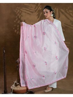 Phulkari Forever - Pure Chanderi Silk Hand Embroidered Phulkari Dupatta - Light Pink
