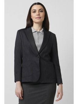 Van Heusen - Women Blended Fabric Stripes Regular Fit Black Blazer