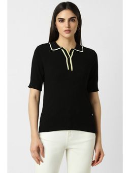 Van Heusen - Women Blended Fabric Solid Regular Fit Black Polo T-Shirt