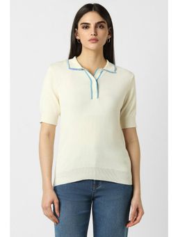 Van Heusen - Women Blended Fabric Solid Regular Fit Cream Polo T-Shirt