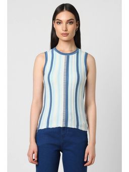 Van Heusen - Women Blended Fabric Stripes Regular Fit Blue Sweater