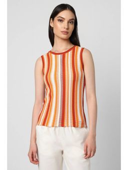 Van Heusen - Women Blended Fabric Stripes Regular Fit Orange Sweater