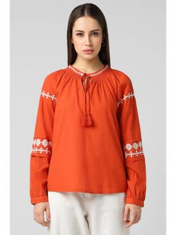 Van Heusen - Women Blended Fabric Embroidered Regular Fit Orange Top