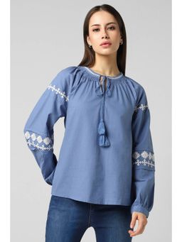 Van Heusen - Women Blended Fabric Embroidered Regular Fit Blue Top