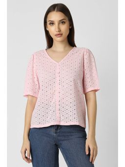 Van Heusen - Women Cotton Self Design Regular Fit Pink Top