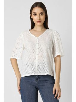 Van Heusen - Women Cotton Self Design Regular Fit White Top