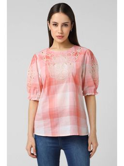 Van Heusen - Women Cotton Checks Regular Fit Peach Top