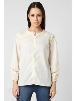 Van Heusen - Women Cotton Self Design Regular Fit Cream Top
