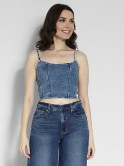 American Eagle - Women Blended Fabric Solid Fitted Fit Blue Crop Top