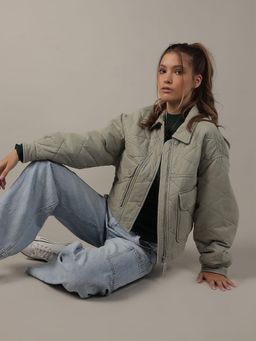 American Eagle - Women Cotton Solid Oversized Fit Olive Puffer Jacket