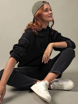 American Eagle - Women Blended Fabric Solid Regular Fit Black Sweatshirt