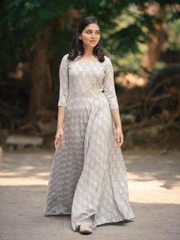 Vinya - Grey Rayon Printed Fit & Flare Dress With Shell Button Detailing