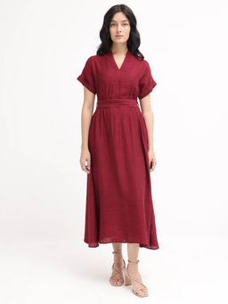 RAREISM - Women Ehlum Solid Maroon Midi Dress with Belt (Set of 2)