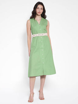 RAREISM - Women Foream Solid Green Midi Dress with Belt (Set of 2)