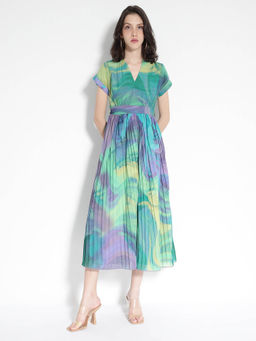 RAREISM - Women Gevinson Abstract Printed Multi-Color Midi Dress with Belt (Set of 2)